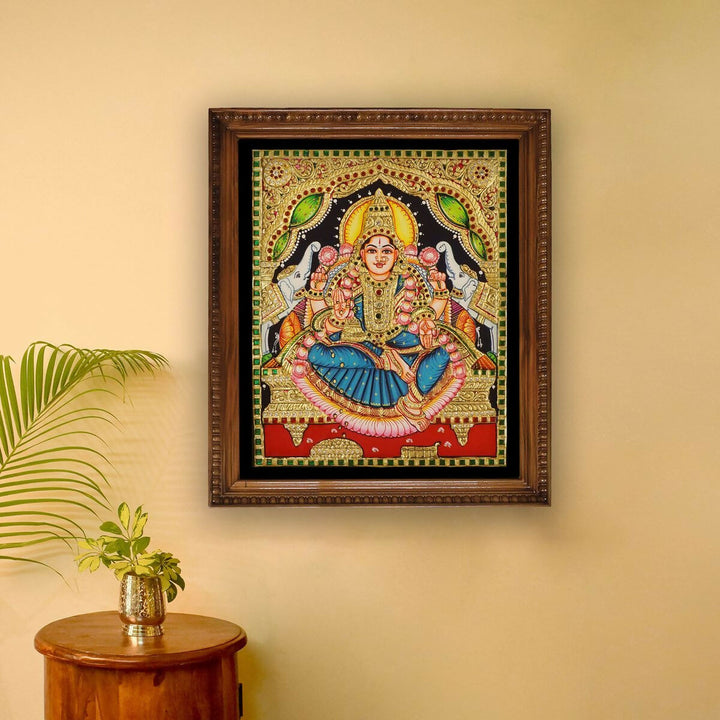 15*12 TANJORE PAINTING GAJA LAKSHMI Authentic With 22 Ct Gold Foil and Jaipur Gemstones,Unframed | SHOBITAM