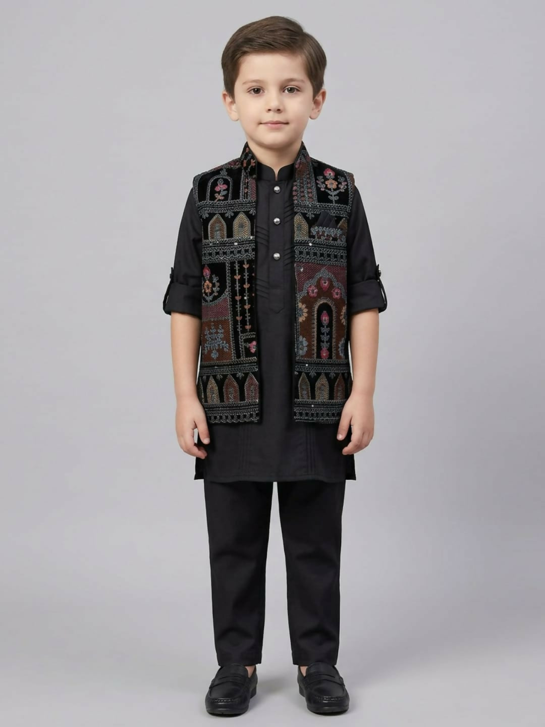 Boys Black Kurta Pajama Set with Printed Nehru Jacket | SHOBITAM