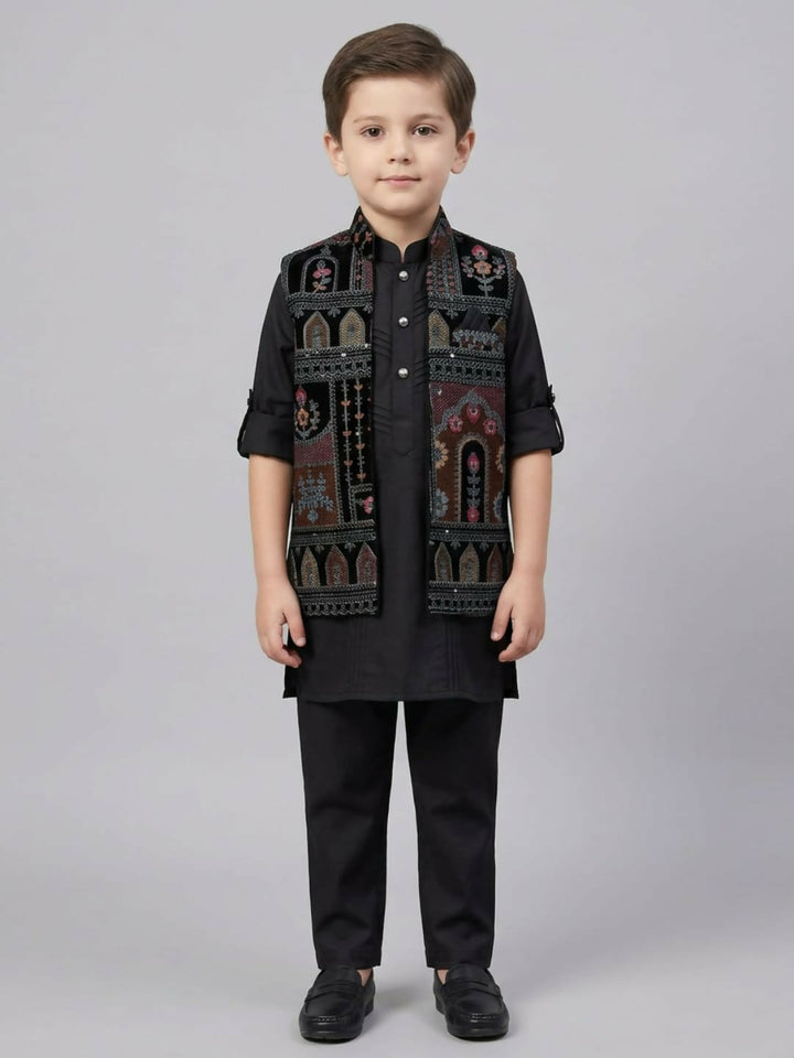 Boys Black Kurta Pajama Set with Printed Nehru Jacket | SHOBITAM