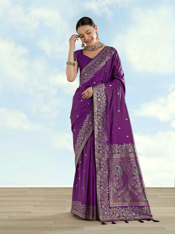 Purple Semi Banarasi Satin silk Saree With Zari Border And Butti Work | SHOBITAM