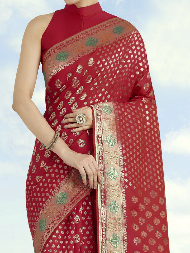 Red Colour Banarasi  Satin Silk Zari Weaving Saree | SHOBITAM