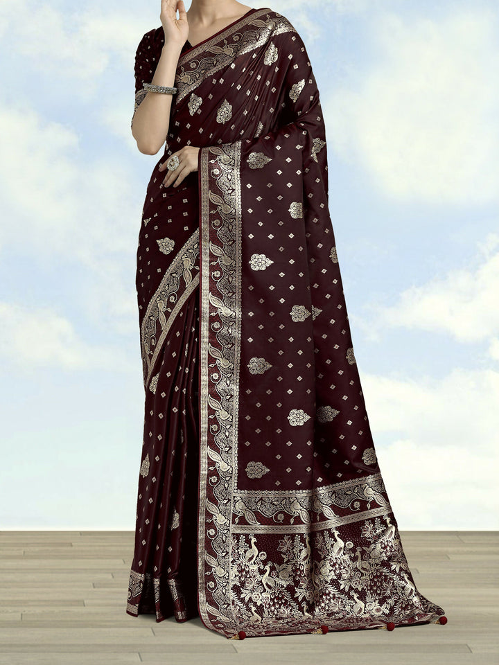 Maroon Woven Banarasi Satin Silk Saree | SHOBITAM