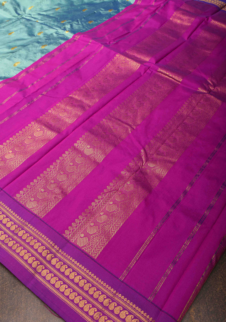 Blue Purple Kanchi  Semi Silk Saree with Paisley  motifs  and Purple contrast border