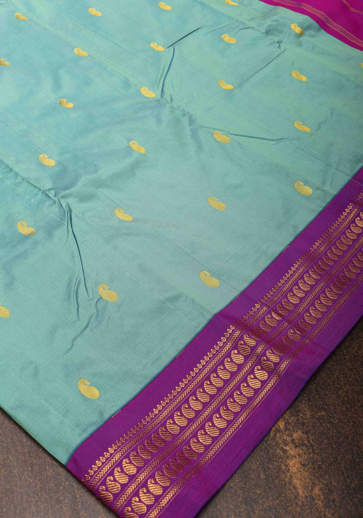 Blue Purple Kanchi  Semi Silk Saree with Paisley  motifs  and Purple contrast border