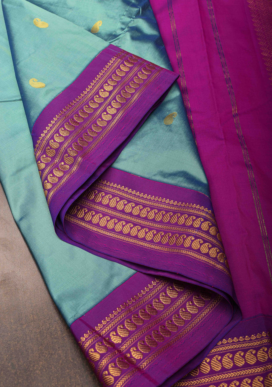 Blue Purple Kanchi  Semi Silk Saree with Paisley  motifs  and Purple contrast border