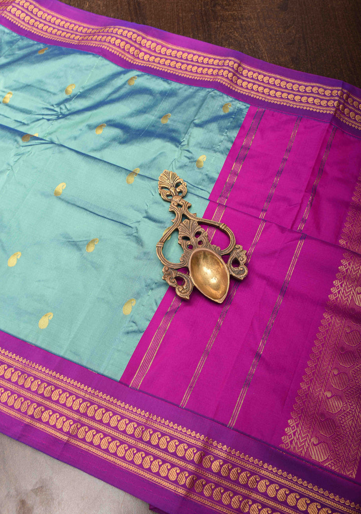 Blue Purple Kanchi  Semi Silk Saree with Paisley  motifs  and Purple contrast border