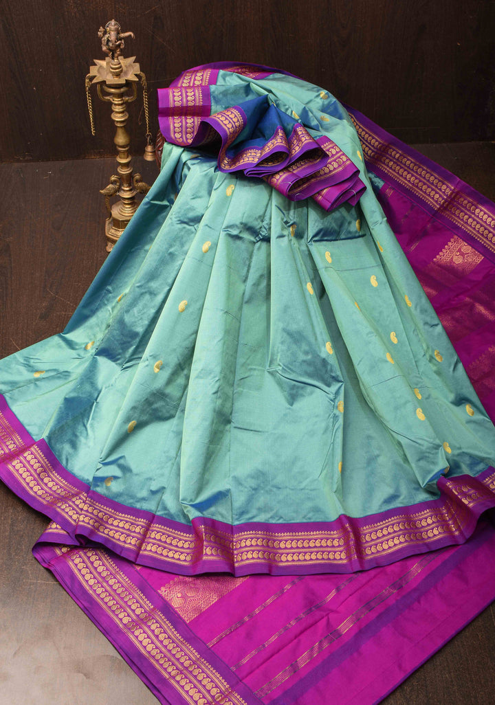 Blue Purple Kanchi  Semi Silk Saree with Paisley  motifs  and Purple contrast border