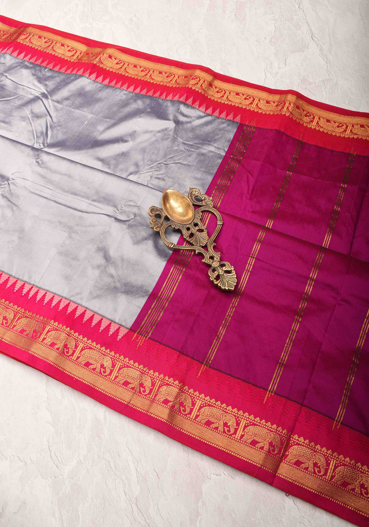 PREORDER - Silver Chalice Semi-Silk Saree with Elegant Zari Border