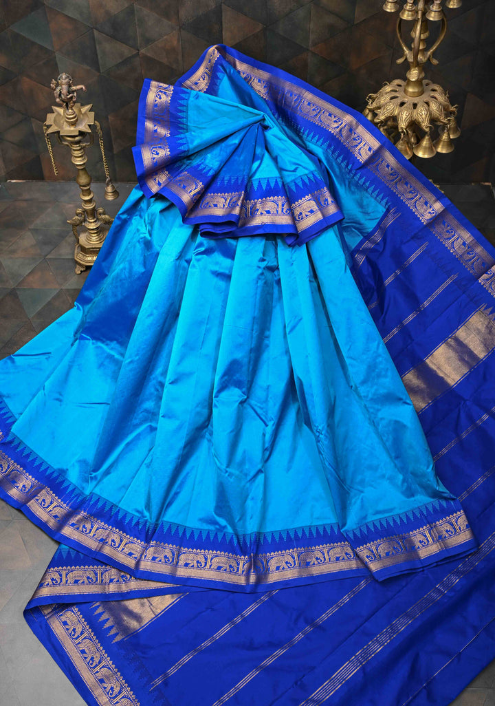 Blue Semi Silk Sare With Elephant Zari Border