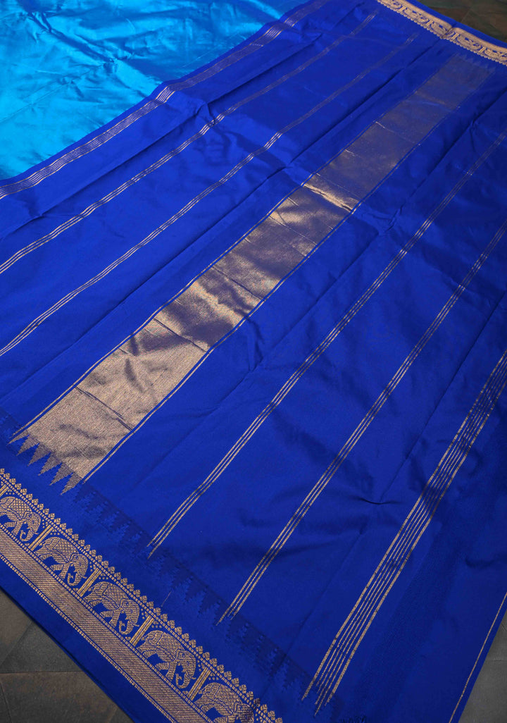 Blue Semi Silk Sare With Elephant Zari Border