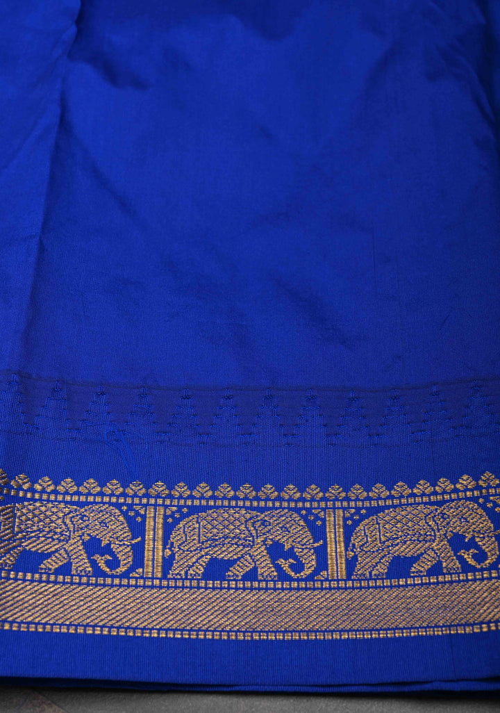 Blue Semi Silk Sare With Elephant Zari Border