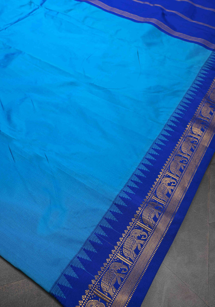 Blue Semi Silk Sare With Elephant Zari Border