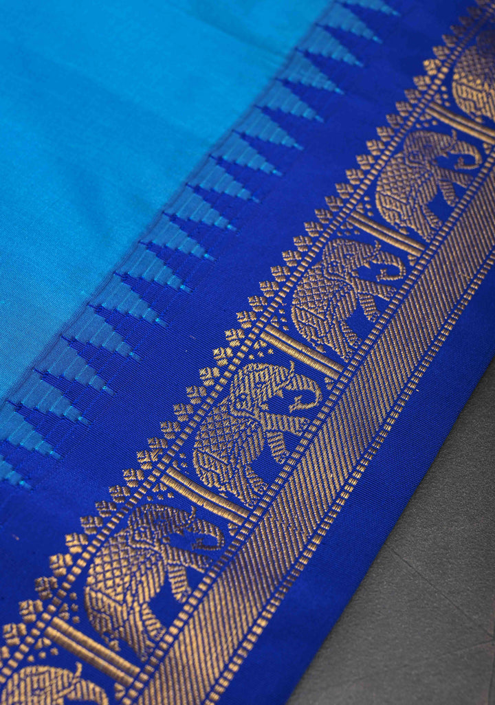 Blue Semi Silk Sare With Elephant Zari Border