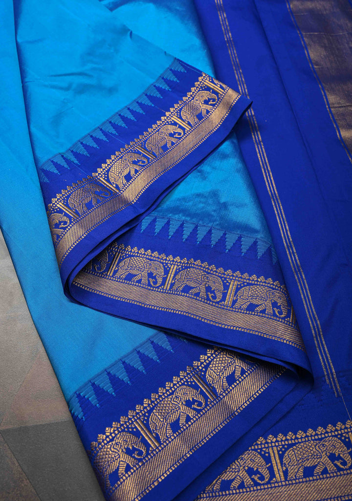 Blue Semi Silk Sare With Elephant Zari Border
