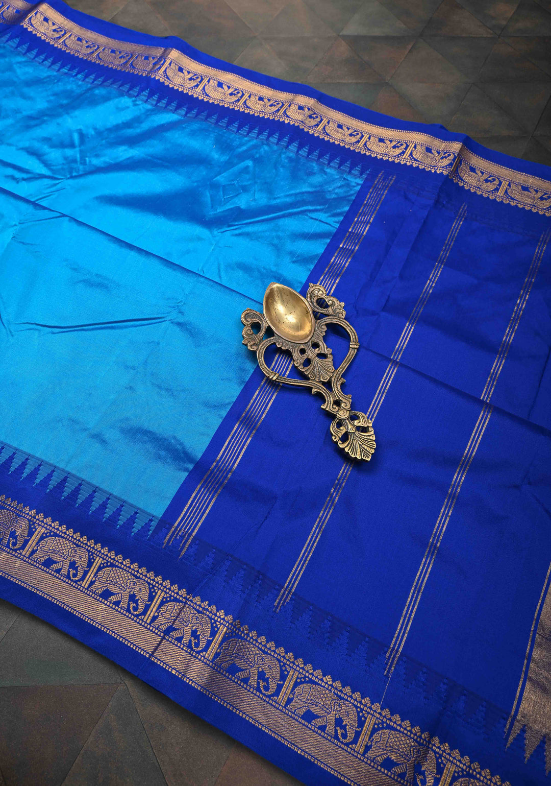 Blue Semi Silk Sare With Elephant Zari Border