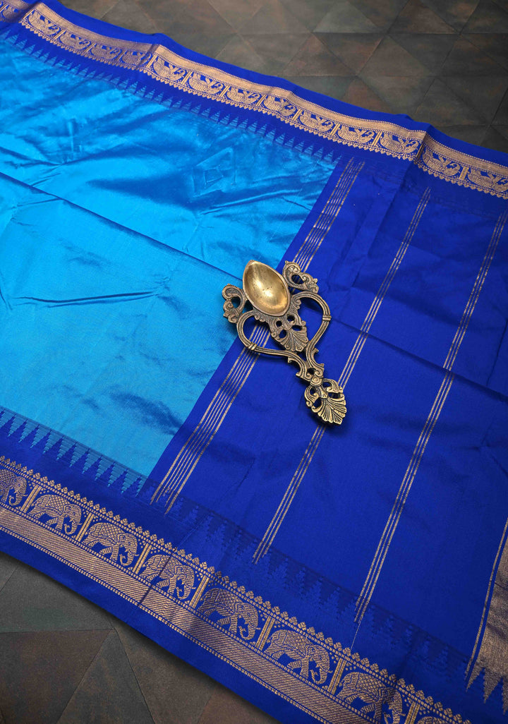 Blue Semi Silk Sare With Elephant Zari Border