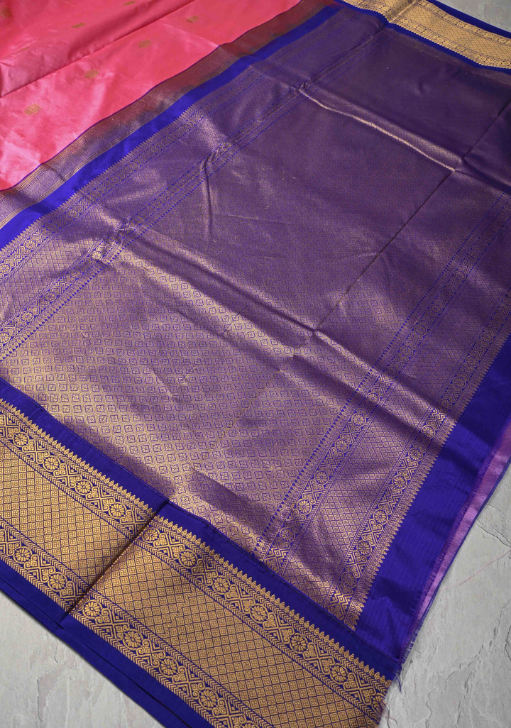 Pink 9 Yards Madisaar Pure Silk Saree with Ganda Berunda Buttas and Contrast Zari Border | SILK MARK CERTIFIED