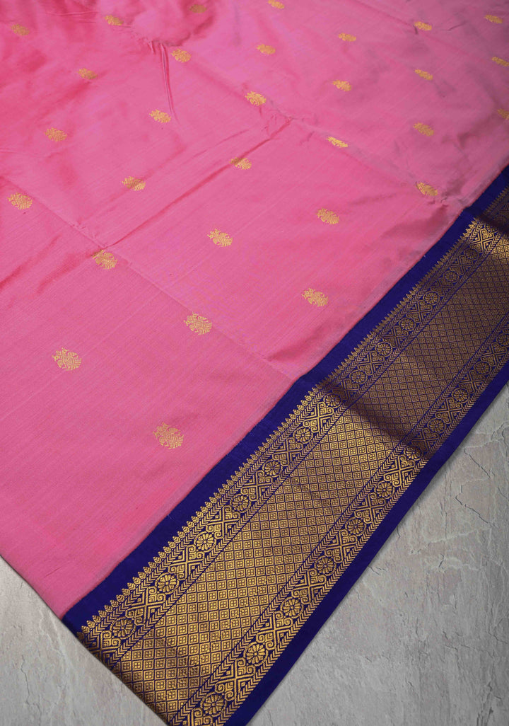 Pink 9 Yards Madisaar Pure Silk Saree with Ganda Berunda Buttas and Contrast Zari Border | SILK MARK CERTIFIED