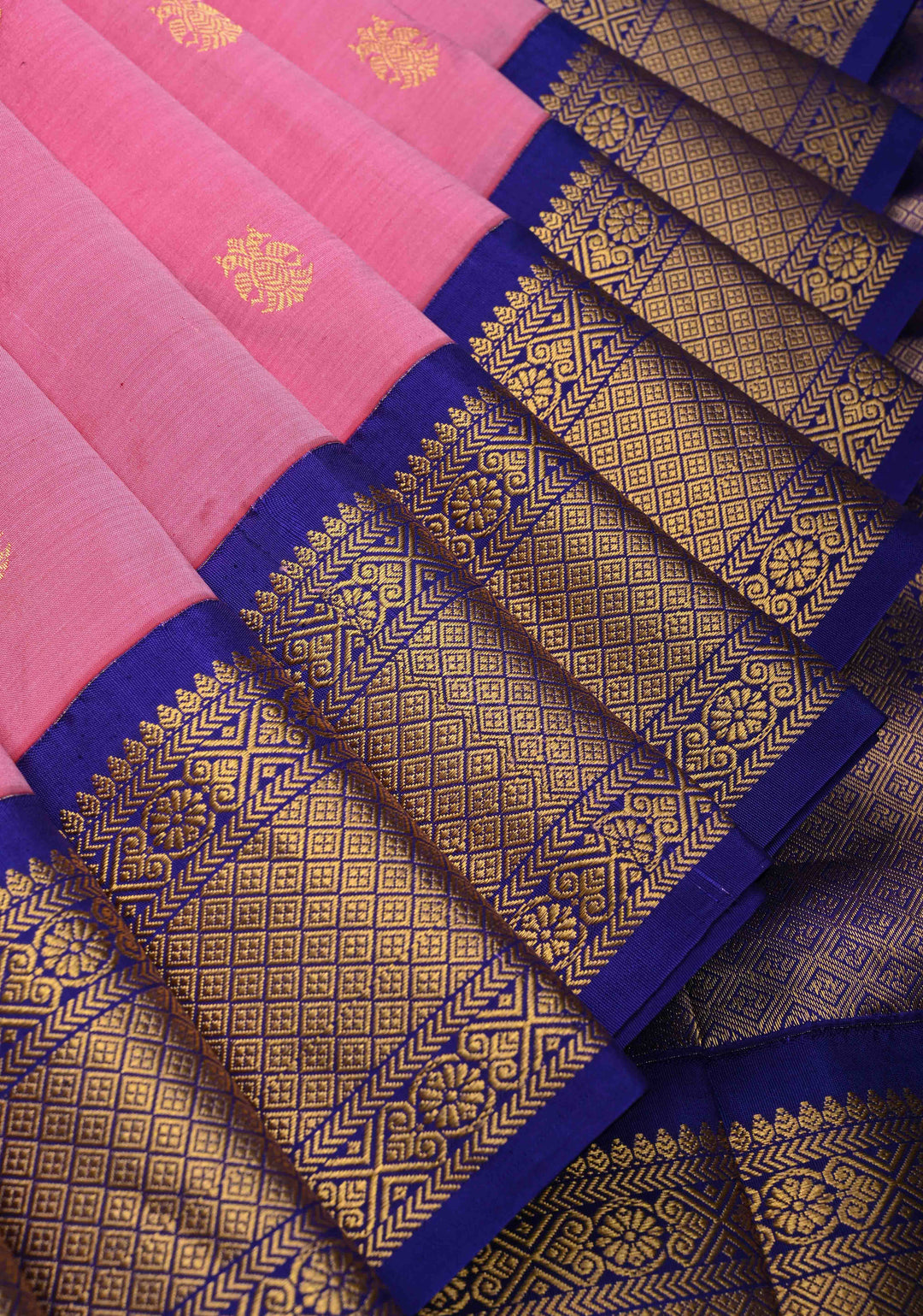 Pink 9 Yards Madisaar Pure Silk Saree with Ganda Berunda Buttas and Contrast Zari Border | SILK MARK CERTIFIED