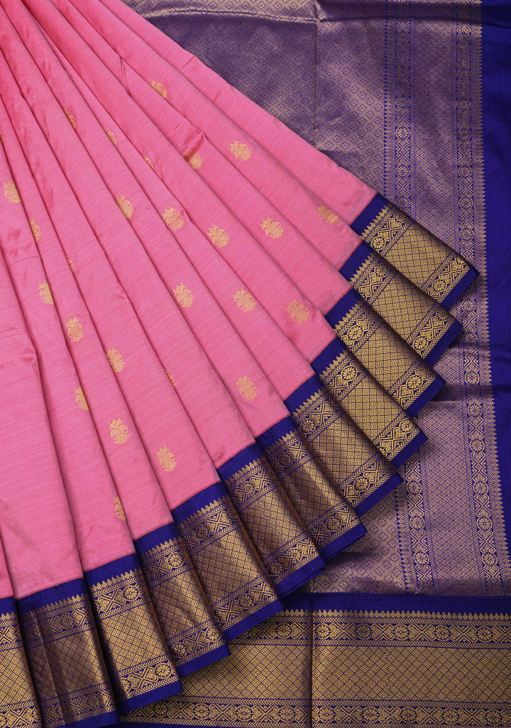 Pink 9 Yards Madisaar Pure Silk Saree with Ganda Berunda Buttas and Contrast Zari Border | SILK MARK CERTIFIED