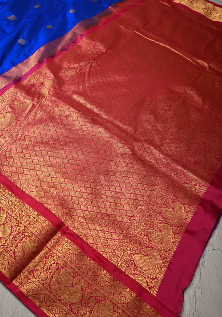 Peacock Blue 9 Yards Madisaar Pure Silk Saree with Zari Buttas and Contrast Zari Border | SILK MARK CERTIFIED