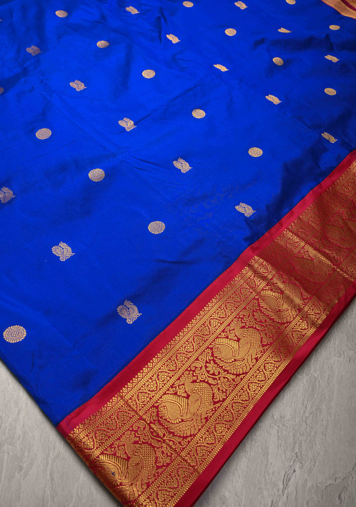 Peacock Blue 9 Yards Madisaar Pure Silk Saree with Zari Buttas and Contrast Zari Border | SILK MARK CERTIFIED