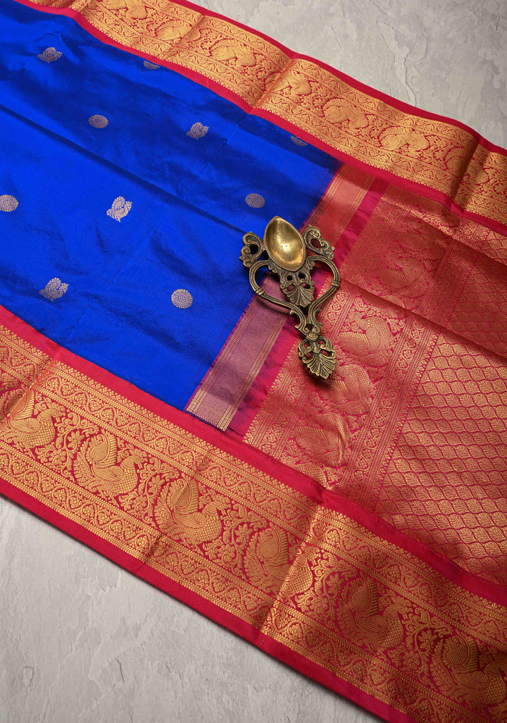 Peacock Blue 9 Yards Madisaar Pure Silk Saree with Zari Buttas and Contrast Zari Border | SILK MARK CERTIFIED