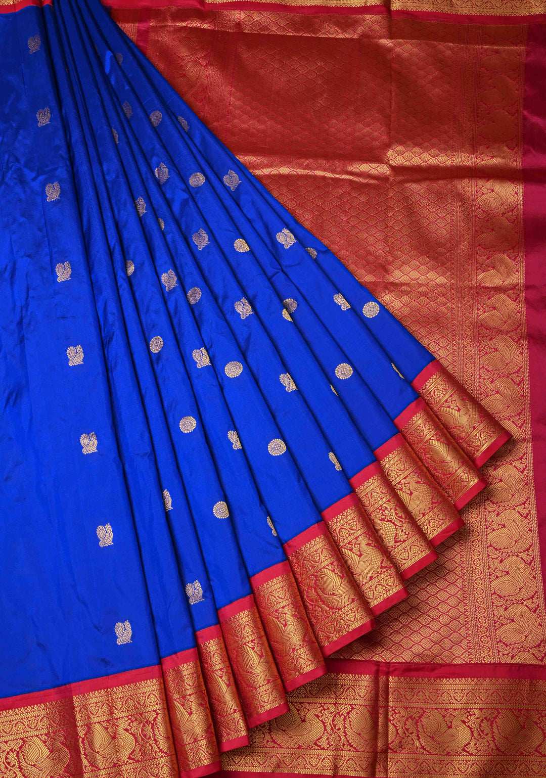 Peacock Blue 9 Yards Madisaar Pure Silk Saree with Zari Buttas and Contrast Zari Border | SILK MARK CERTIFIED