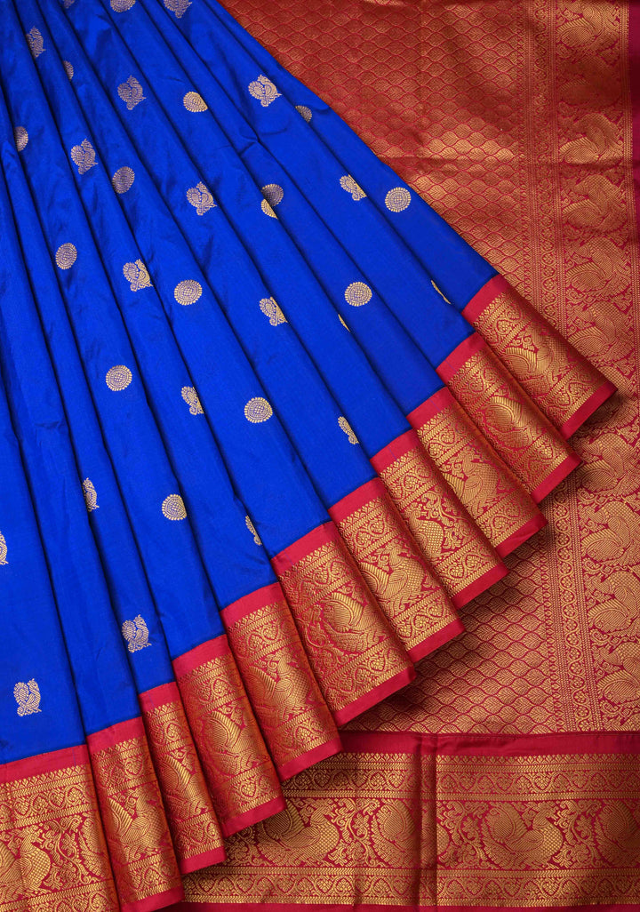 Peacock Blue 9 Yards Madisaar Pure Silk Saree with Zari Buttas and Contrast Zari Border | SILK MARK CERTIFIED