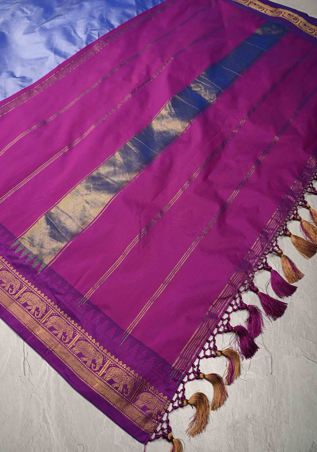 Periwinkle Kanchi Semi Silk Saree with Contrast Elephant Border