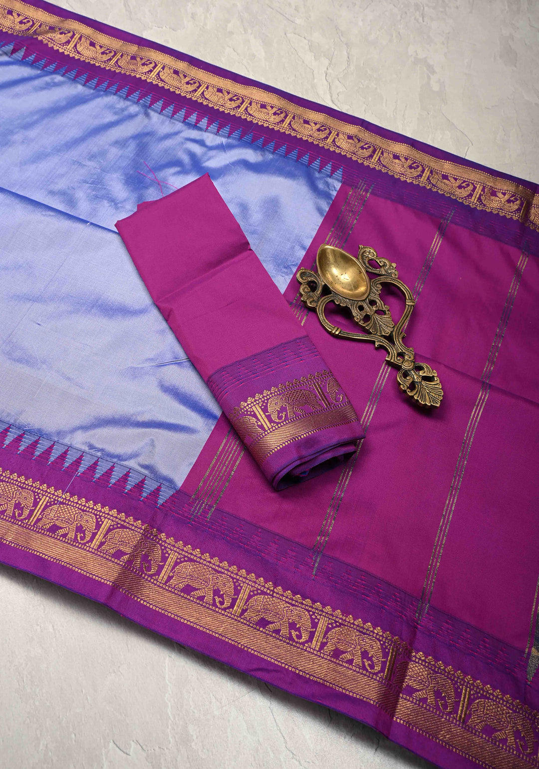 Periwinkle Kanchi Semi Silk Saree with Contrast Elephant Border