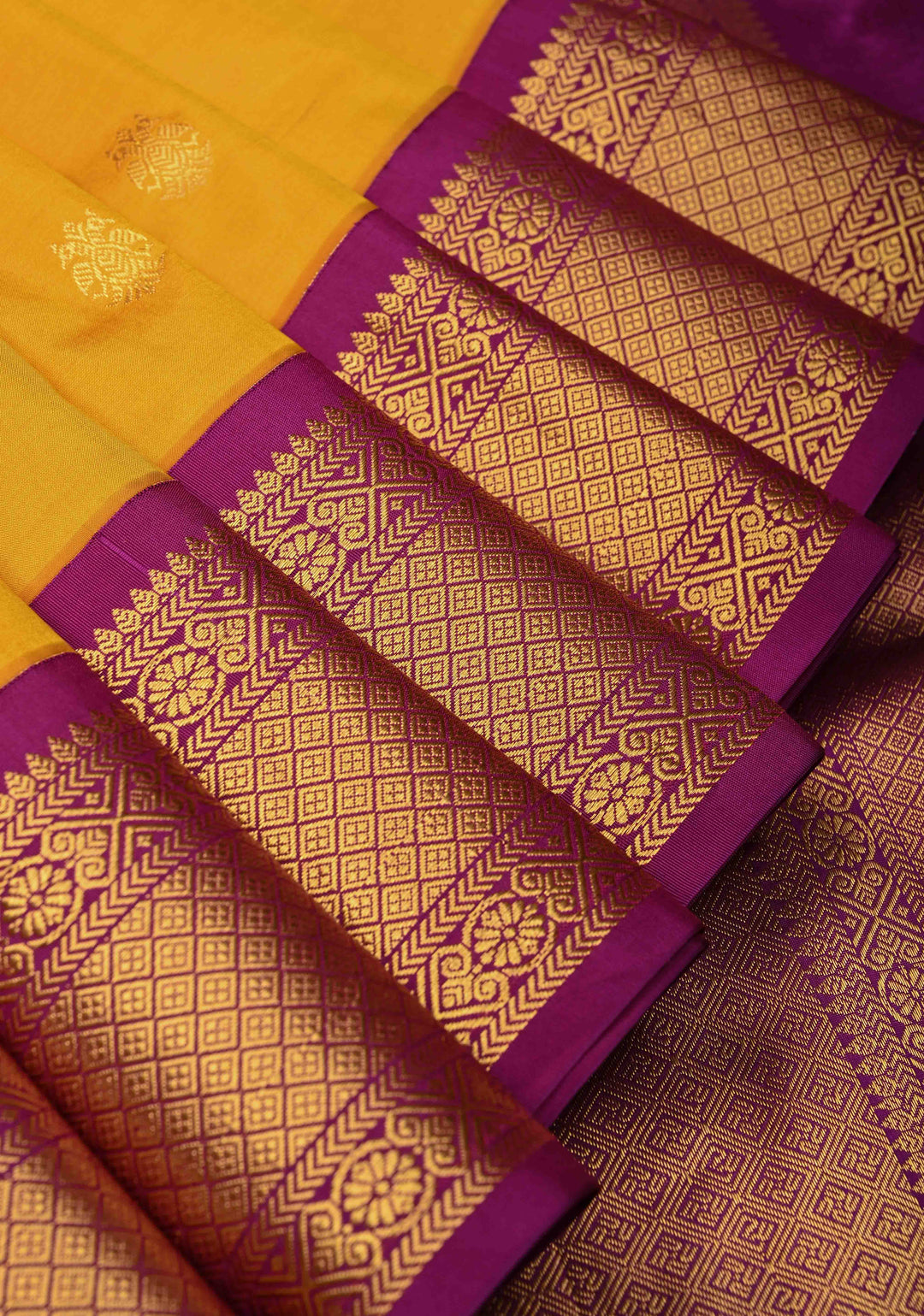 Musturd Yellow 9 Yards Madisaar Pure Silk Saree with Ganda Berunda Buttas and Contrast Zari Border | SILK MARK CERTIFIED