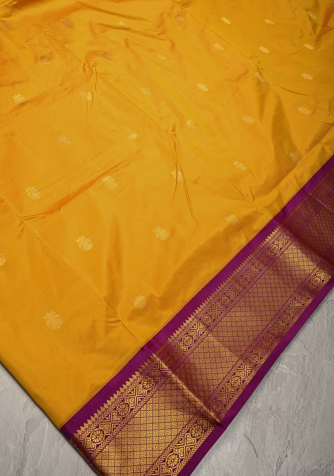 Musturd Yellow 9 Yards Madisaar Pure Silk Saree with Ganda Berunda Buttas and Contrast Zari Border | SILK MARK CERTIFIED