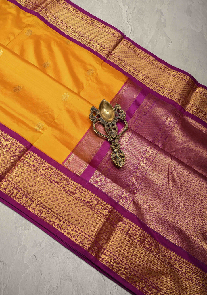 Musturd Yellow 9 Yards Madisaar Pure Silk Saree with Ganda Berunda Buttas and Contrast Zari Border | SILK MARK CERTIFIED