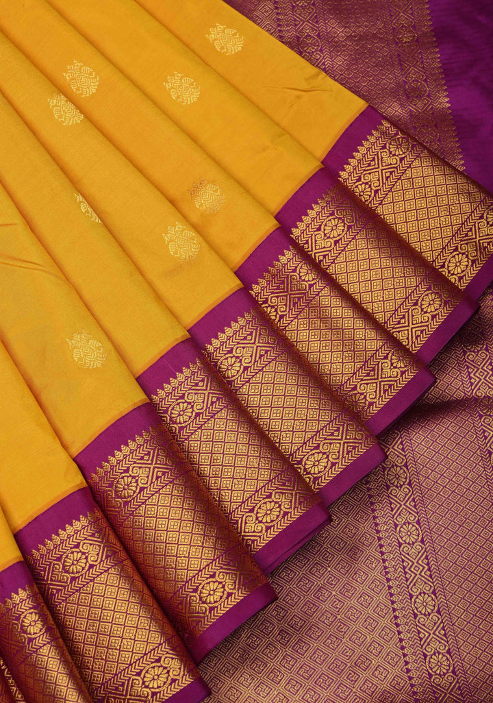 Musturd Yellow 9 Yards Madisaar Pure Silk Saree with Ganda Berunda Buttas and Contrast Zari Border | SILK MARK CERTIFIED