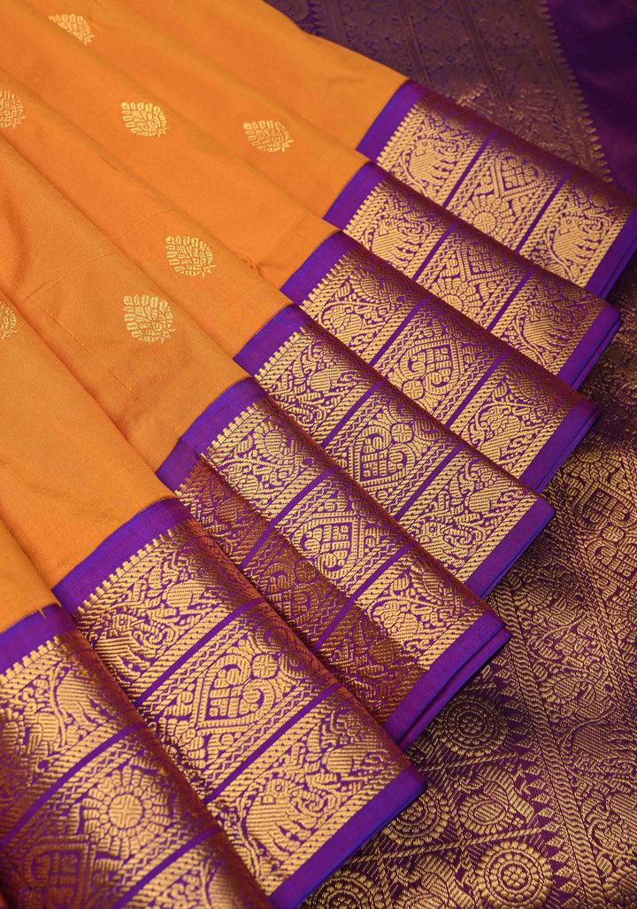 Musturd Yellow 9 Yards Madisaar Pure Silk Saree with Zari Buttas and Contrast Zari Border | SILK MARK CERTIFIED