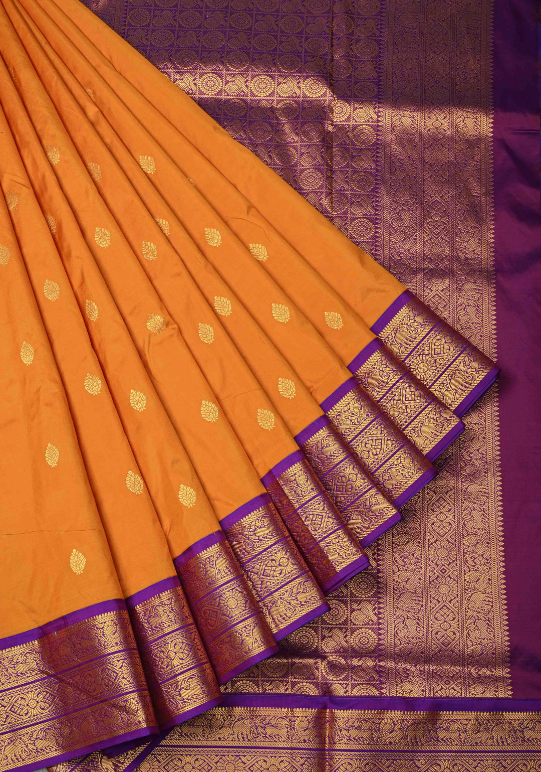 Musturd Yellow 9 Yards Madisaar Pure Silk Saree with Zari Buttas and Contrast Zari Border | SILK MARK CERTIFIED