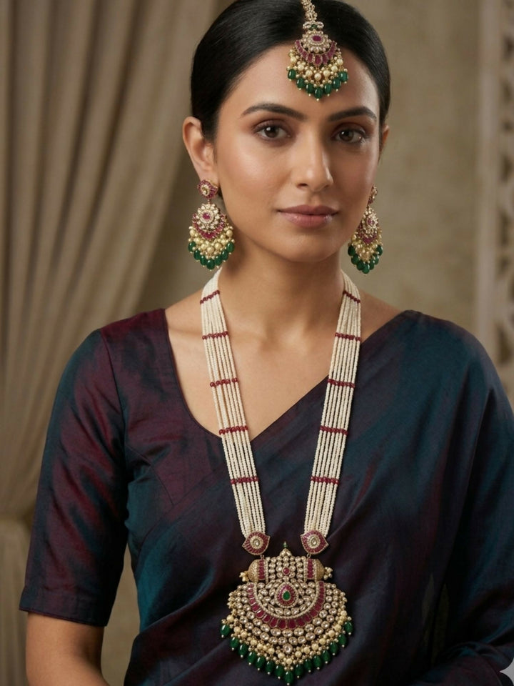 Gold Plated Long Bridal Polki Stone Necklace Set | shobitam