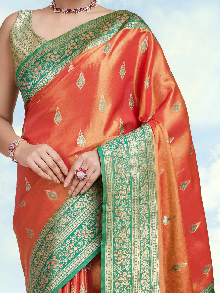 Semi Banarasi Tissue Silk Zari Woven Orange Saree | SHOBITAM