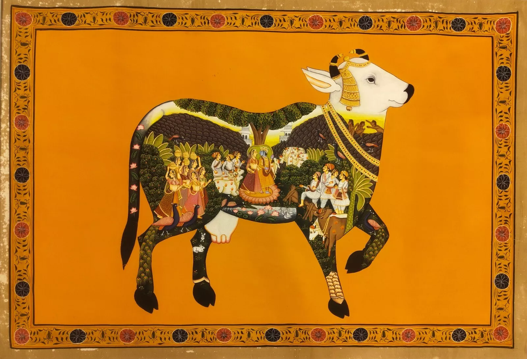 2x3 feet Authentic Jaipur Painting The Divine Kamadhenu: Krishna Leela Within  | SHOBITAM