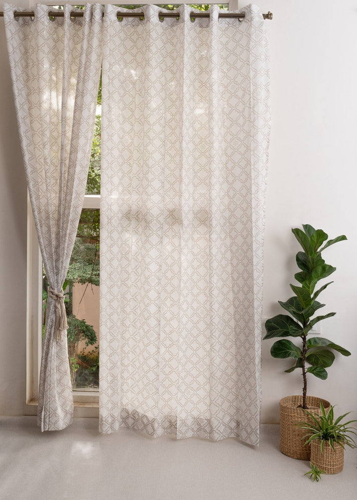 Lattice 100% cotton Sheer Geometric curtain for Living room & bedroom - Light filtering - Walnut Grey - Single Piece | SHOBITAM