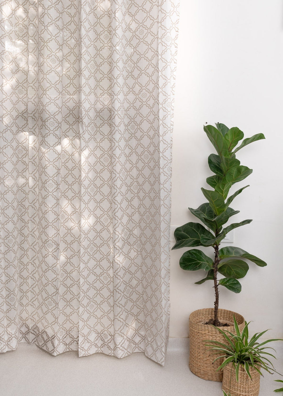 Lattice 100% cotton Sheer Geometric curtain for Living room & bedroom - Light filtering - Walnut Grey - Single Piece | SHOBITAM