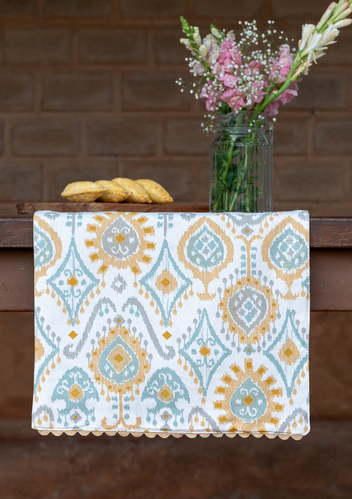 Laya 100% Cotton Printed Yellow and Blue Table Runner | SHOBITAM