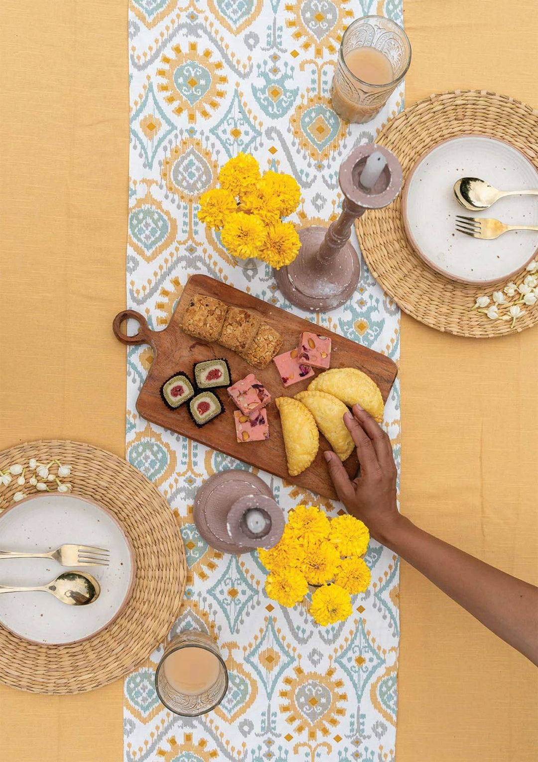 Laya 100% Cotton Printed Yellow and Blue Table Runner | SHOBITAM