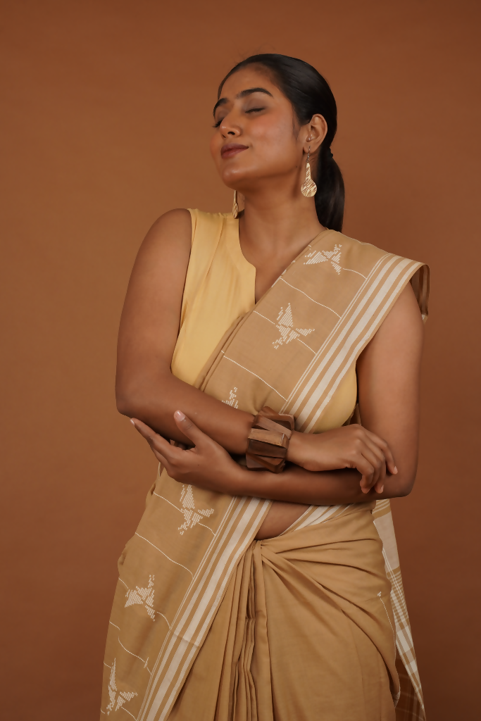 Flying Bird Handwoven Bawan Buti Golden Musturad Cotton Saree | SHOBITAM