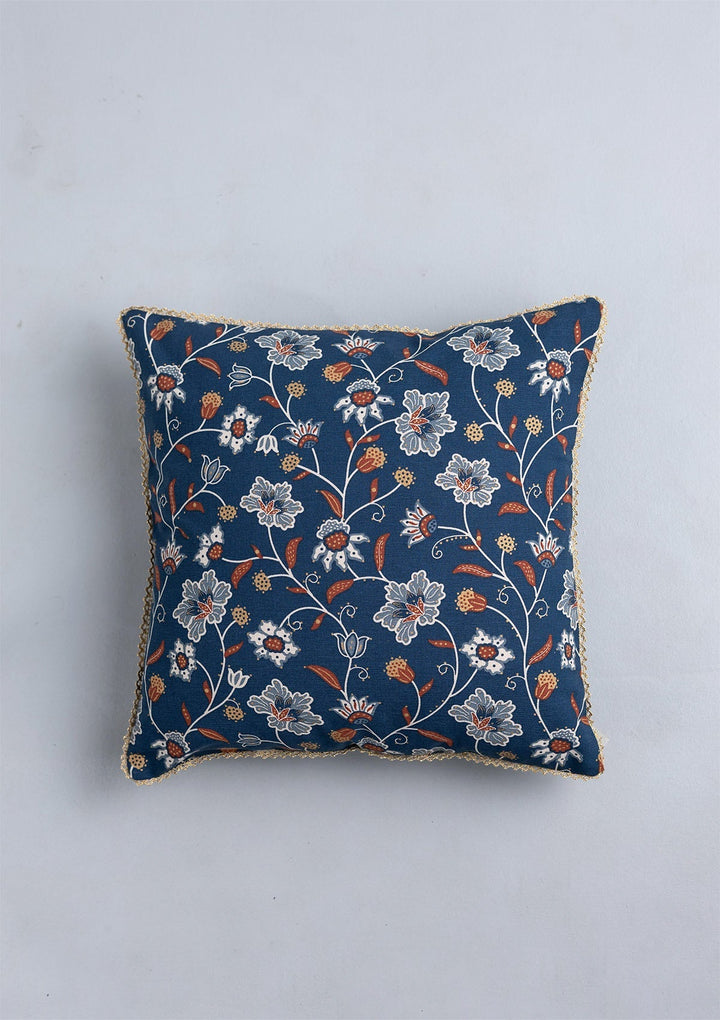 Leher Gold-Printed Indigo & Red Cushion Cover for Sofa – 100% Cotton, 16"x 16" | SHOBITAM