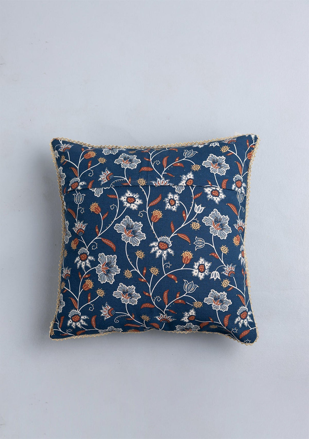 Leher Gold-Printed Indigo & Red Cushion Cover for Sofa – 100% Cotton, 16"x 16" | SHOBITAM