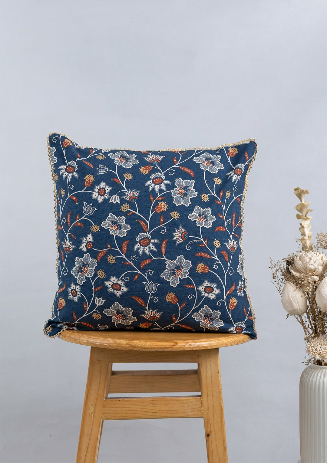 Leher Gold-Printed Indigo & Red Cushion Cover for Sofa – 100% Cotton, 16"x 16" | SHOBITAM