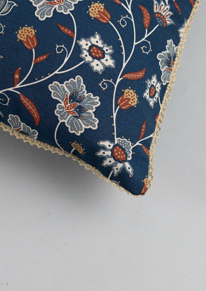 Leher Gold-Printed Indigo & Red Cushion Cover for Sofa – 100% Cotton, 16"x 16" | SHOBITAM
