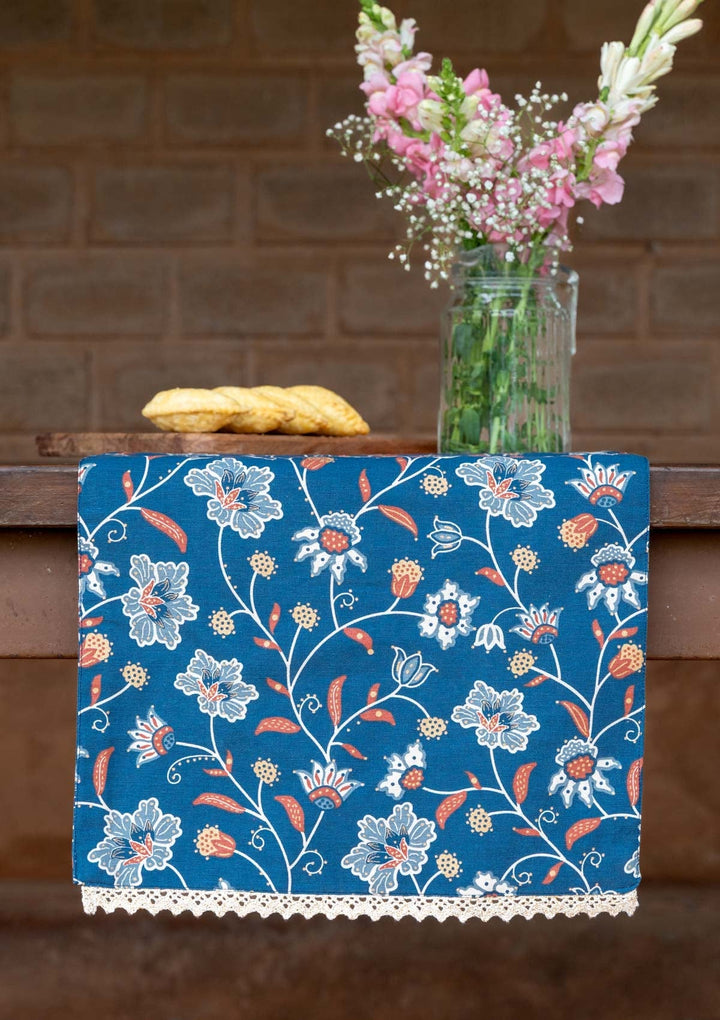 Leher 100% Cotton Gold printed Indigo & Red Table Runner | SHOBITAM
